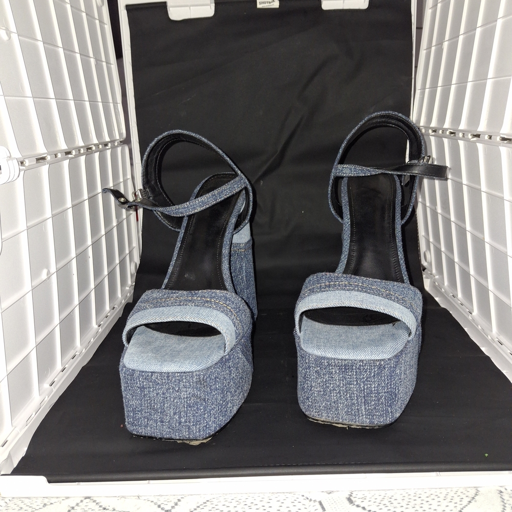 Patchwork Denim Platform Block Heels NWT - image 3